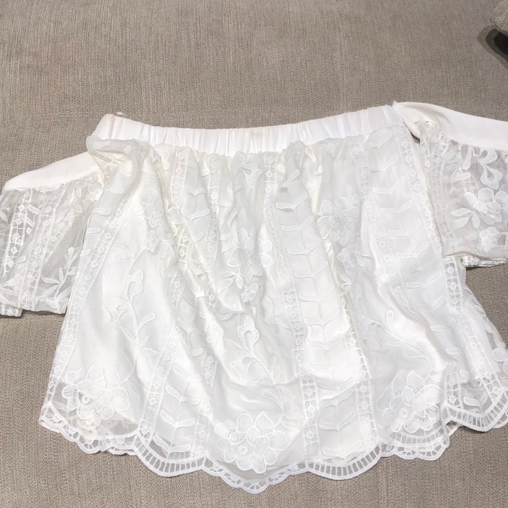 Francesca’s off the shoulder white lace top with arm sleeves